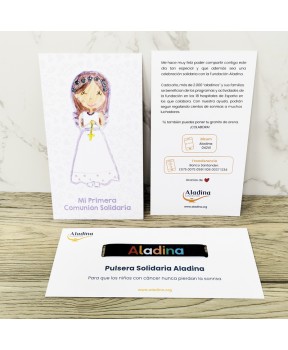 Pack comunión niña tarjeta y pulsera Fundación Aladina